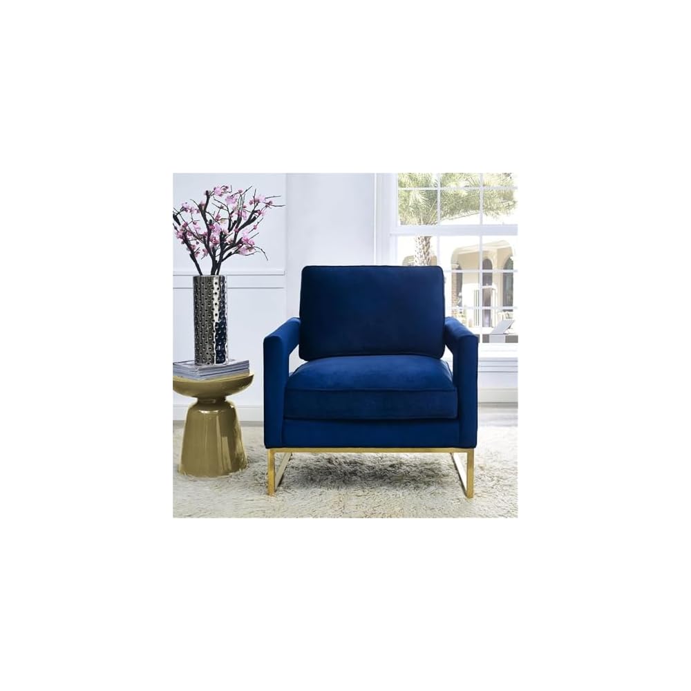 TOV Furniture The Avery Collection Modern Style Living Room Den Leather Upholstered Armchair with Gold Legs, Navy
