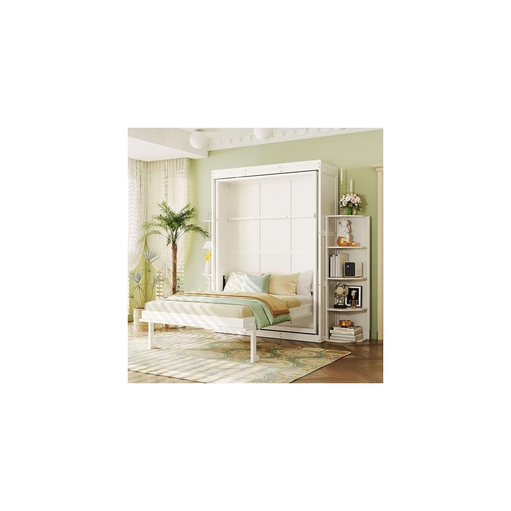 Rotating Queen Murphy Bed with Hidden Wall Cabinet, Dual 3-Tier Side Shelves, Convertible Desk, White