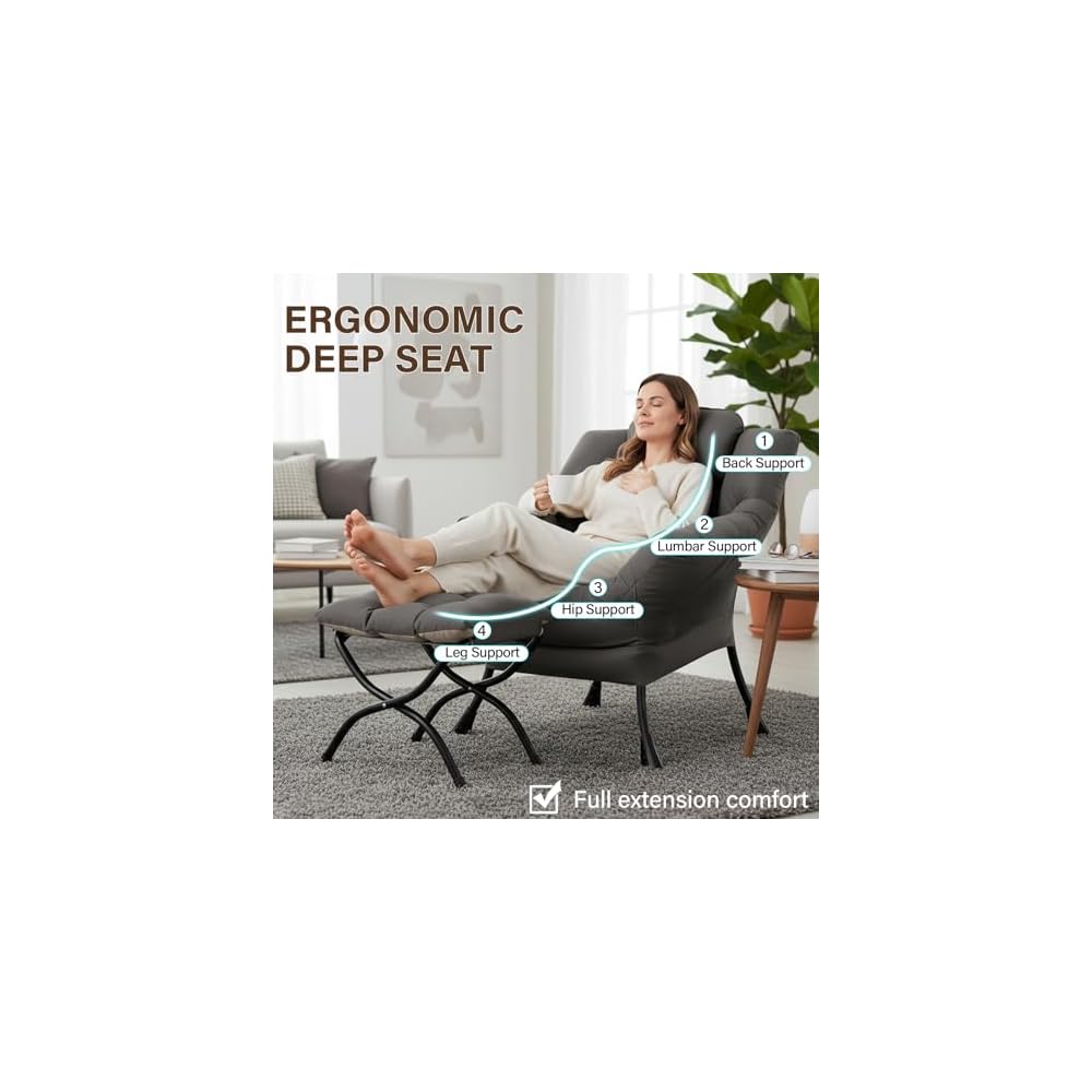 Welnow Lazy Chair with Ottoman, Reading Chair with Footrest,Dark Grey
