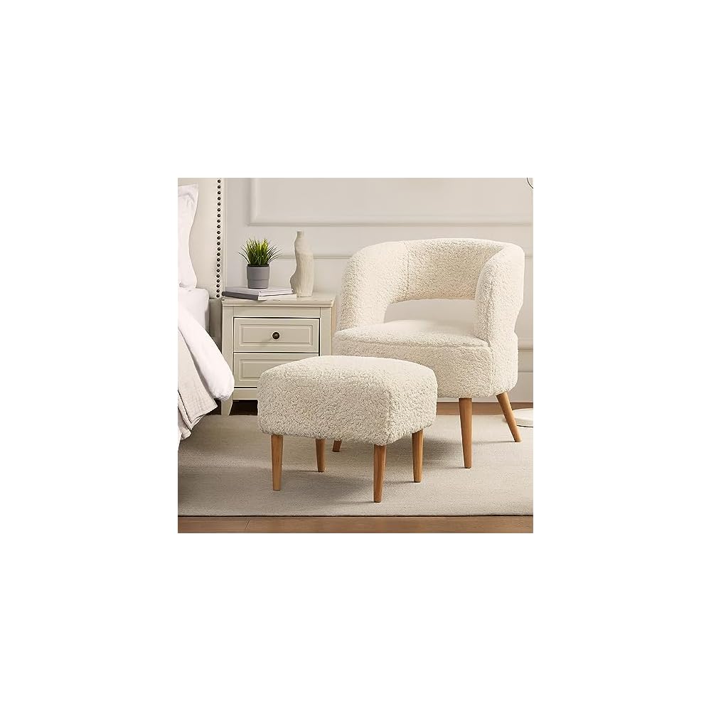 Retraction Built Accent Chair with Ottoman Teddy Fleece Upholstered Armchair Mid-Century Modern Comfortable Chairs and Ottoman Set with Wooden Legs for Living Room, Bedroom(Beige)
