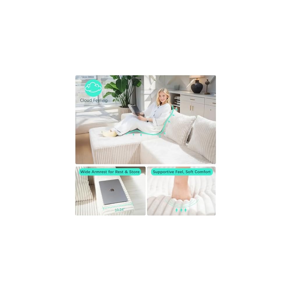 130" Boneless Couch, Cloud Couch Sectional, Corduroy Sofa for Living Room, U Shaped Modular Sofa with Chaise, No Assembly, 4 Seats Oversized (White)