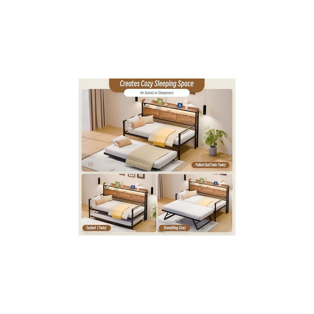 TOLEAD Twin Metal Daybed with Pop Up Trundle, Twin to King Expandable Bed Frame with Storage Headboard & Charging Station, Heavy Duty Day Bed for Bedroom or Guest Room, Rustic Brown