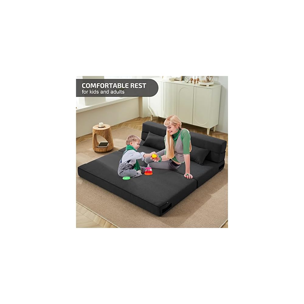 SUYOLS Convertible Folding Sofa Bed - Chair Bed Sleeper with Pillow, Modern Linen Fabric Fold Out & Futon Couch, Foldable Mattress for Living Room/Dorm/Guest Use/Home Office, Queen Size, Dark Gray