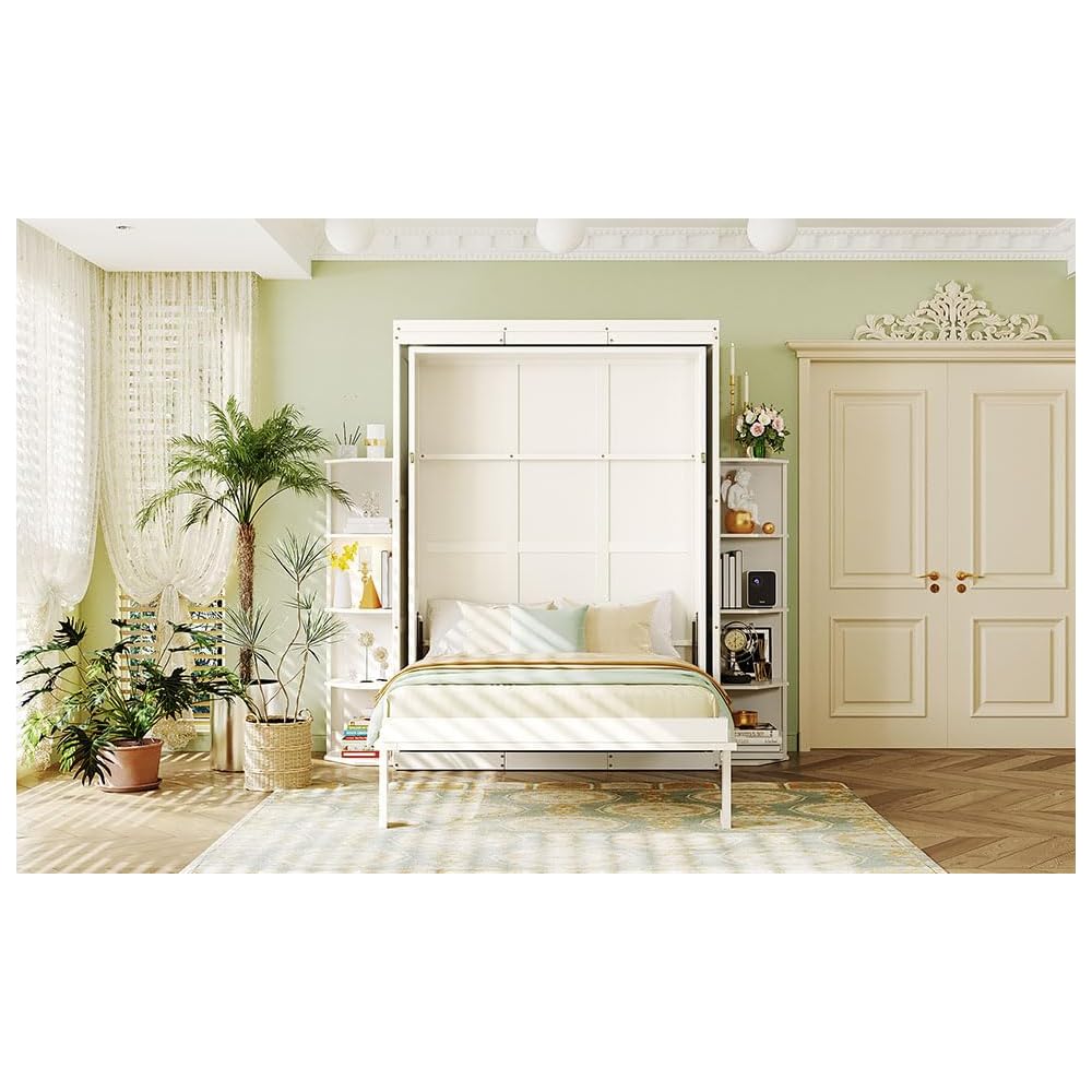Rotating Queen Murphy Bed with Hidden Wall Cabinet, Dual 3-Tier Side Shelves, Convertible Desk, White