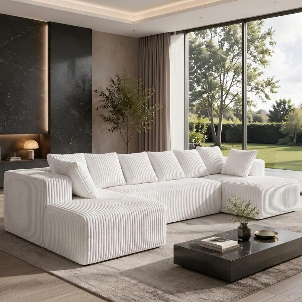 130" Boneless Couch, Cloud Couch Sectional, Corduroy Sofa for Living Room, U Shaped Modular Sofa with Chaise, No Assembly, 4 Seats Oversized (White)