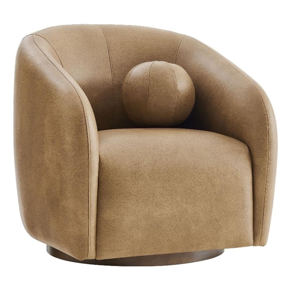 Modway Holland Curved Swivel Armchair in Toast – Vegan Leather Barrel Chair with Ball Throw Pillow and Wood Base – Mid-Century Modern Curved Living Room Accent Chair