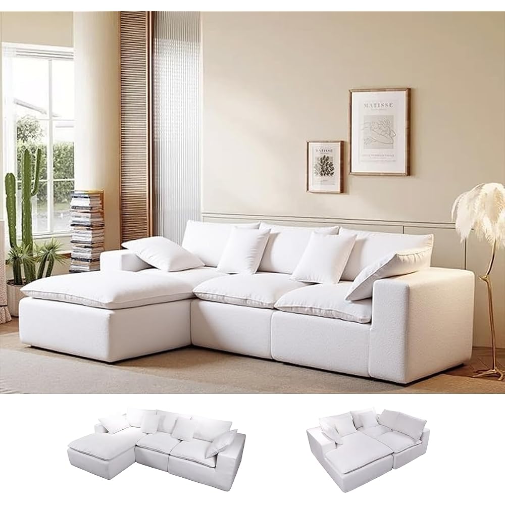 108” Modern Modular L-Shape Sectional Sofa, Cloud Sectional Couch with Chaise, Upholstered Couches, Deep Seat Sofa with Pillow for Living Room (White, L Shape with Left Facing Chaise)