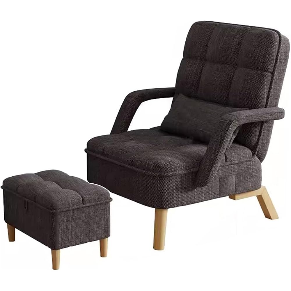 Modern Brown Bedroom Sofa Chair with Soft Cushion & Ottoman Stylish Recliner Armchair with Pillow Upholstered Living Room Lounge Seat on Wooden Legs