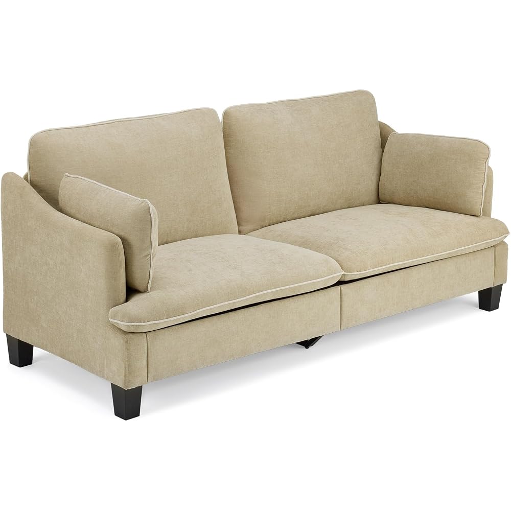 VINGLI 84" Extra Deep Seat Sofa Couch, 3 Seater Upholstered Living Room Couches with 2 Piped Seater Cushions, Throw Pillows, Modern Linen Velvet Fabric Sofa for Apartment Bedroom Office