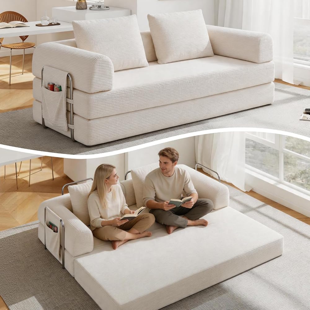 78" Convertible Sofa Bed, 5-in-1 Corduroy Futon Couch with Storage Pocket