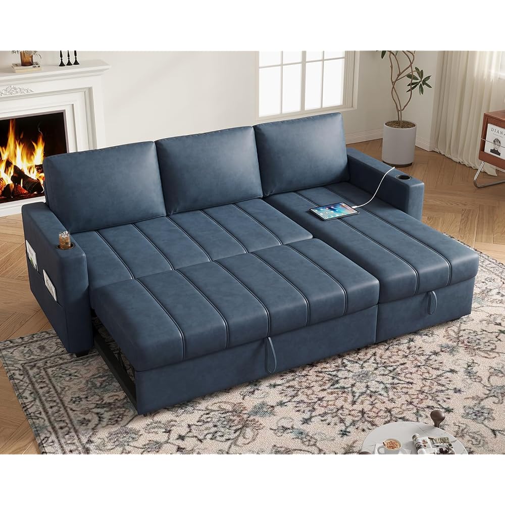 Fadware 89” L Shape Sofa Sleeper, Sectional Sofa Bed with Hidden Storage& Side Pocket, Anti-scratch Faux Leather Couch Bed with ChargePort& CupHolder, Modern Piano Design Pull Out Couch for LivingRoom