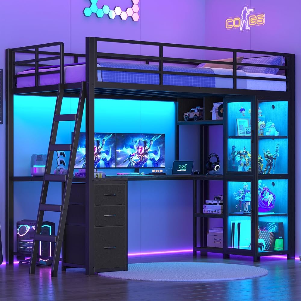 ADORNEVE Gaming Loft Bed Twin Size with U Shape Desk, Display Cabinet,Black