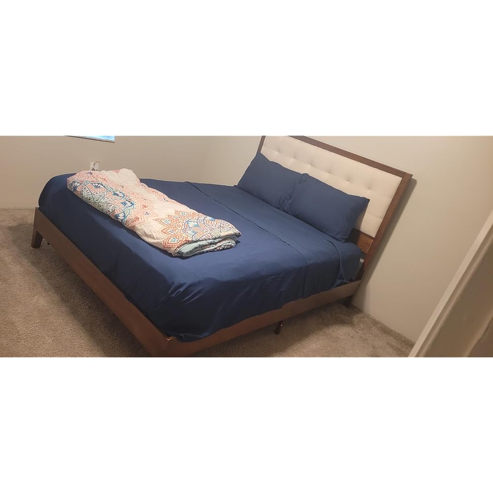 AMERLIFE Solid Wood King Bed Frame 50.2" Upholstered Headboard, Walnut