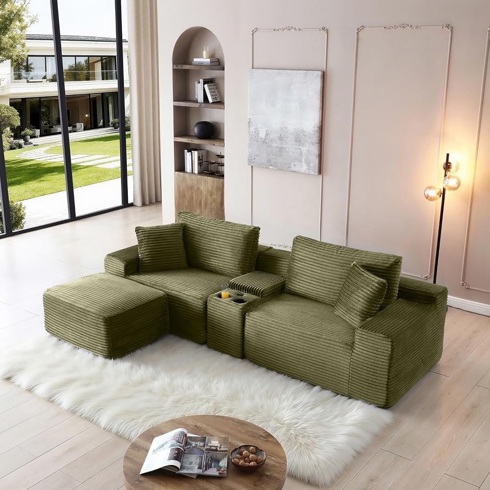 111" Oversized Modular Sectional Couch, L Shaped Corduroy Cloud Sofa with Cup Holders, USB & Type-C Ports, Storage Box, Deep Seat Upholstered Memory Foam Boneless Floor Sofa for Living Room (Green)