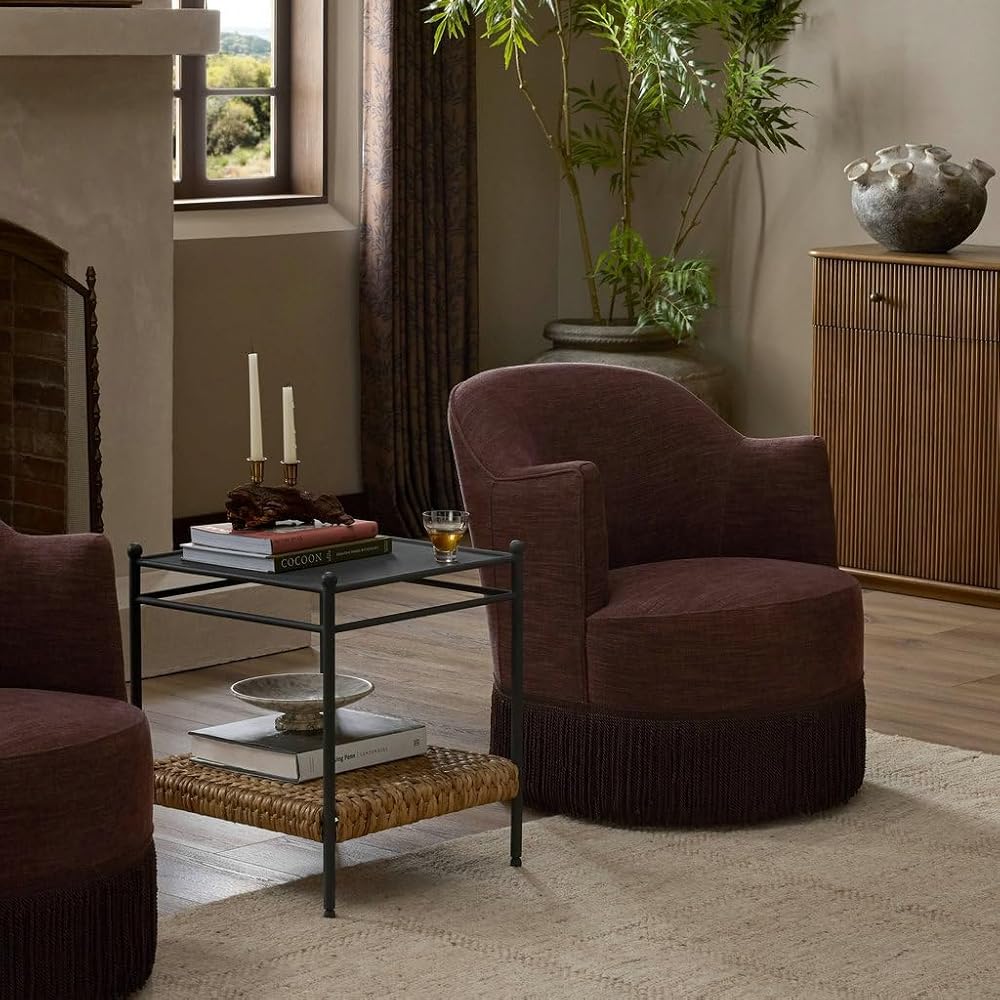 Brown Velvet Swivel Accent Chair with Bullion Fringe, Traditional Lounge Chair