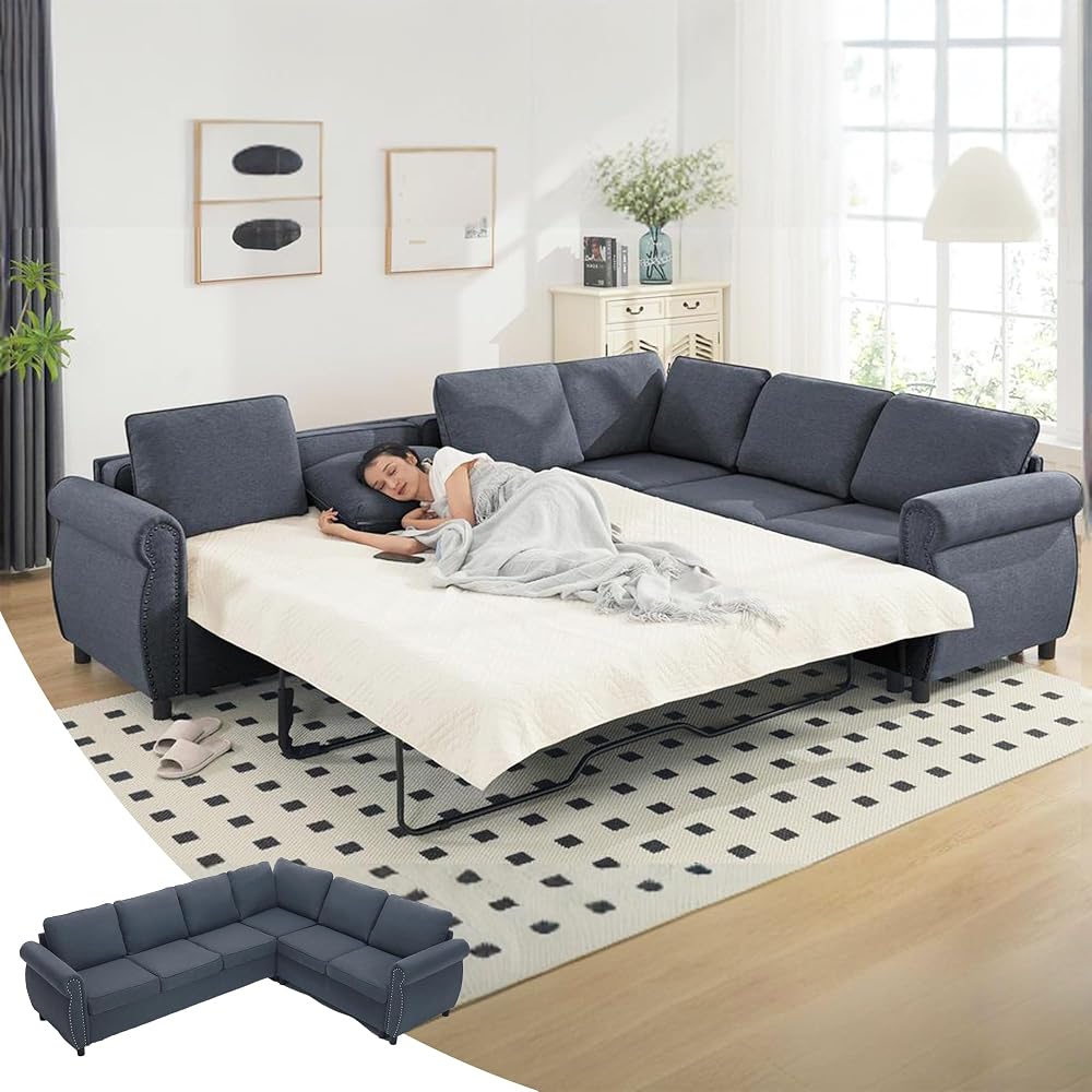 6-Seater L-Shaped Sectional Sleeper Sofa King Size, Pull Out Couch, Grey
