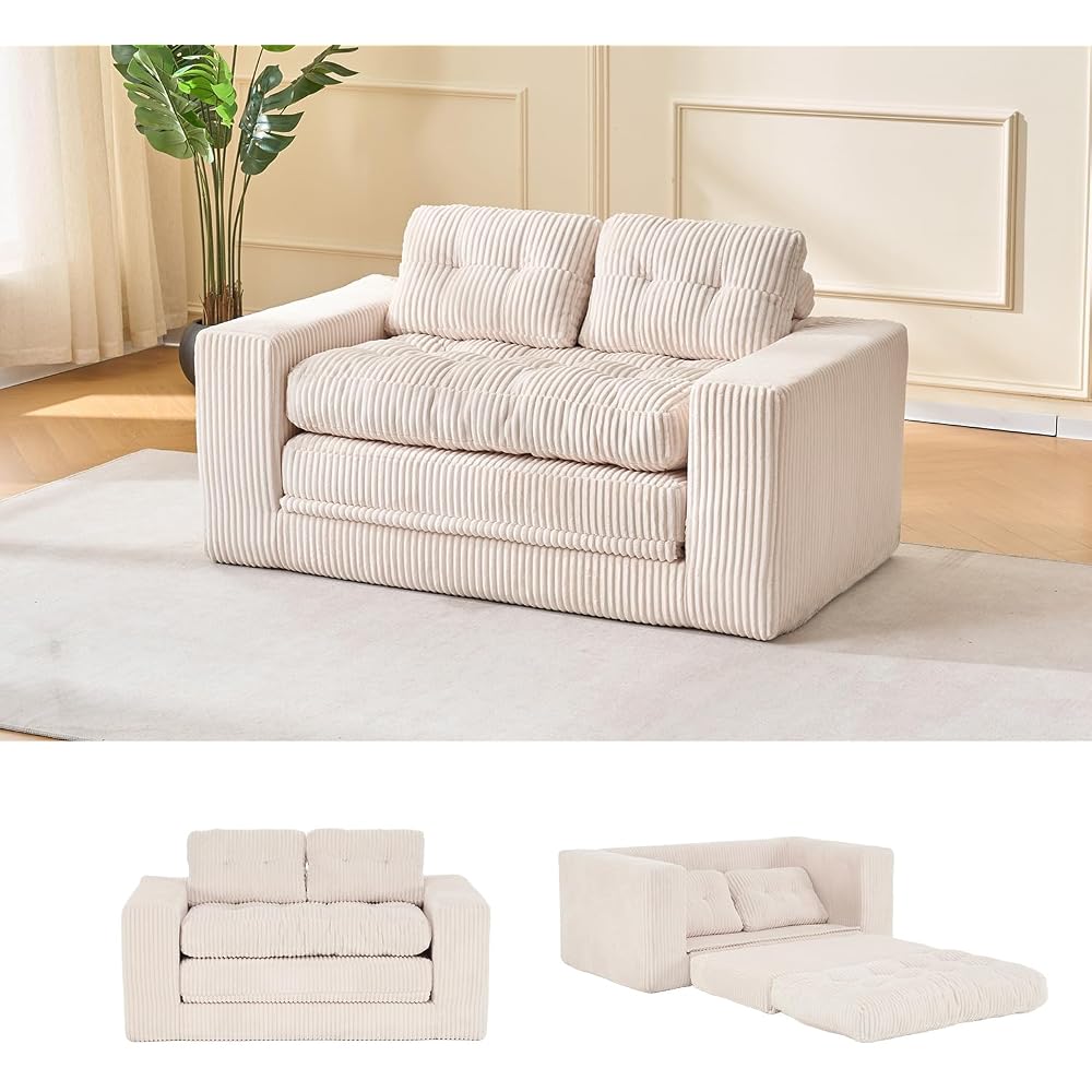 Fefances 55.1”Boneless Sofa Bed, 2-in-1 Convertible Loveseat & Folding Futon Couch, Small Space-Saving Design with Corduroy Fabric, for Living Room, Bedroom, Studio Apartment - Beige