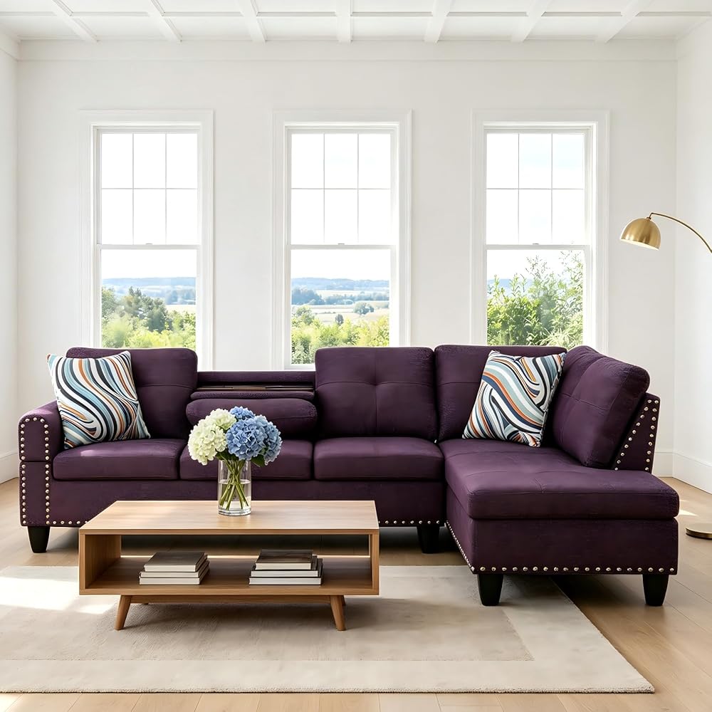 L-Shaped Sectional Sofa, Modern 4-Seat Couch with Built-in Cup Holders, Upholstered Fabric Sectional Couch with Right Facing Chaise for Living Room, Apartment, Office, Purple