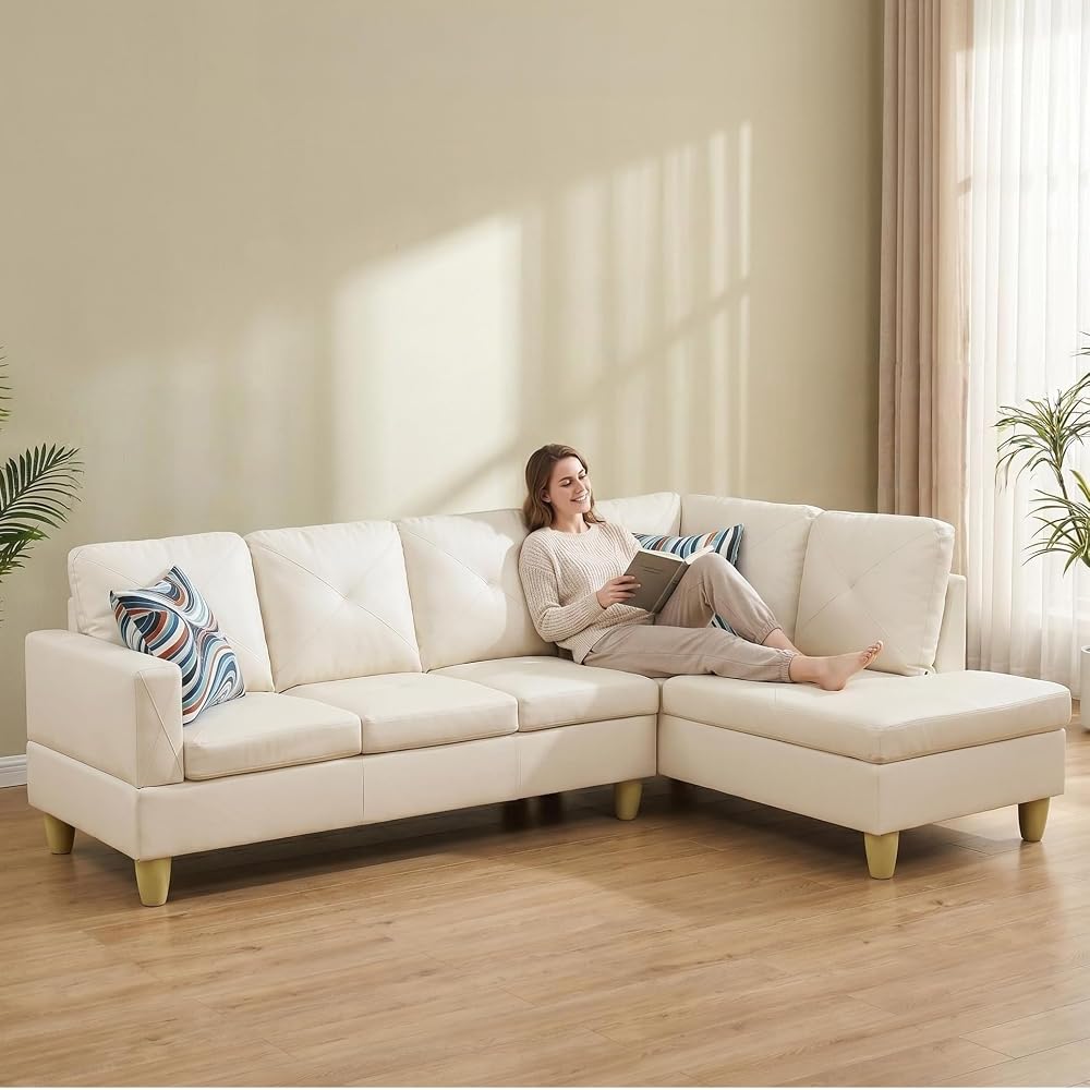 97" Sectional Couch, L Shaped 4 Seater PU Faux Leather Sofa w/Chaise Lounge, Comfy Modern Modular Couch for Living Room, Apartment, Off-White, Left, 2PCS