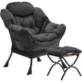 Youtanic Lazy Chair with Folding Ottoman, Accent Chair Velvet Upholstered with Metal Structure and Non-Slip Pads, Sofa Armchair with Footrest and Side Storage Bag for Dorm, Office, Charcoal