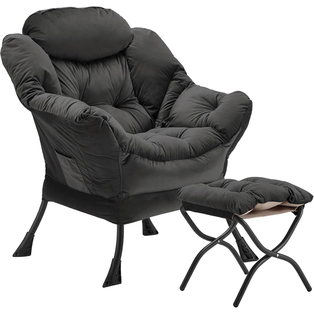 Youtanic Lazy Chair with Folding Ottoman, Accent Chair Velvet Upholstered with Metal Structure and Non-Slip Pads, Sofa Armchair with Footrest and Side Storage Bag for Dorm, Office, Charcoal