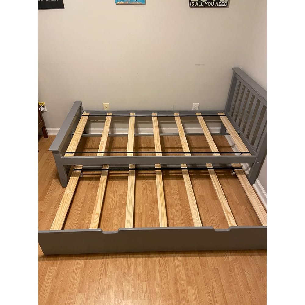 Max & Lily Twin Bed, Wood Bed Frame with Headboard for Kids with Trundle, Slatted, Blue