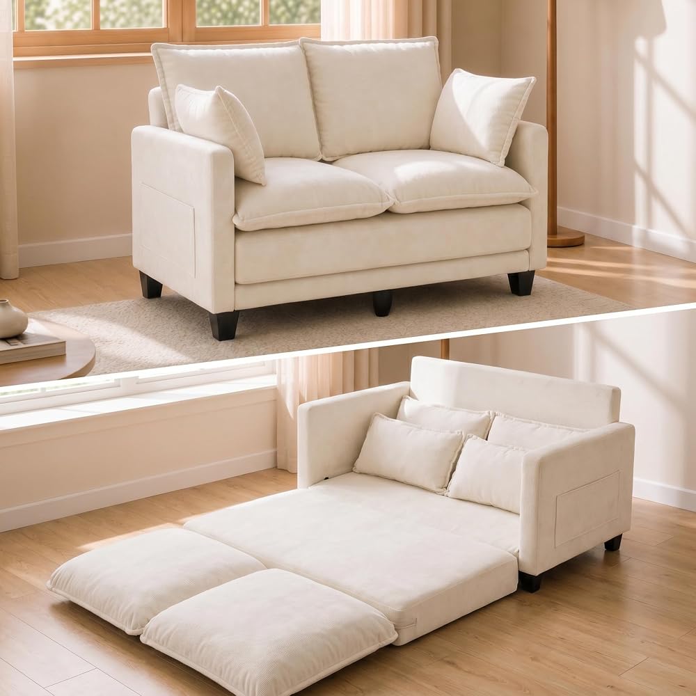 KYJ 49" Loveseat Sofa Bed, Convertible Pull Out Couch with Foldable Mattress, Small Love Seat for Bedroom, Dorm, RV & Apartment, Chenille Fabric, Not Twin Size, Beige