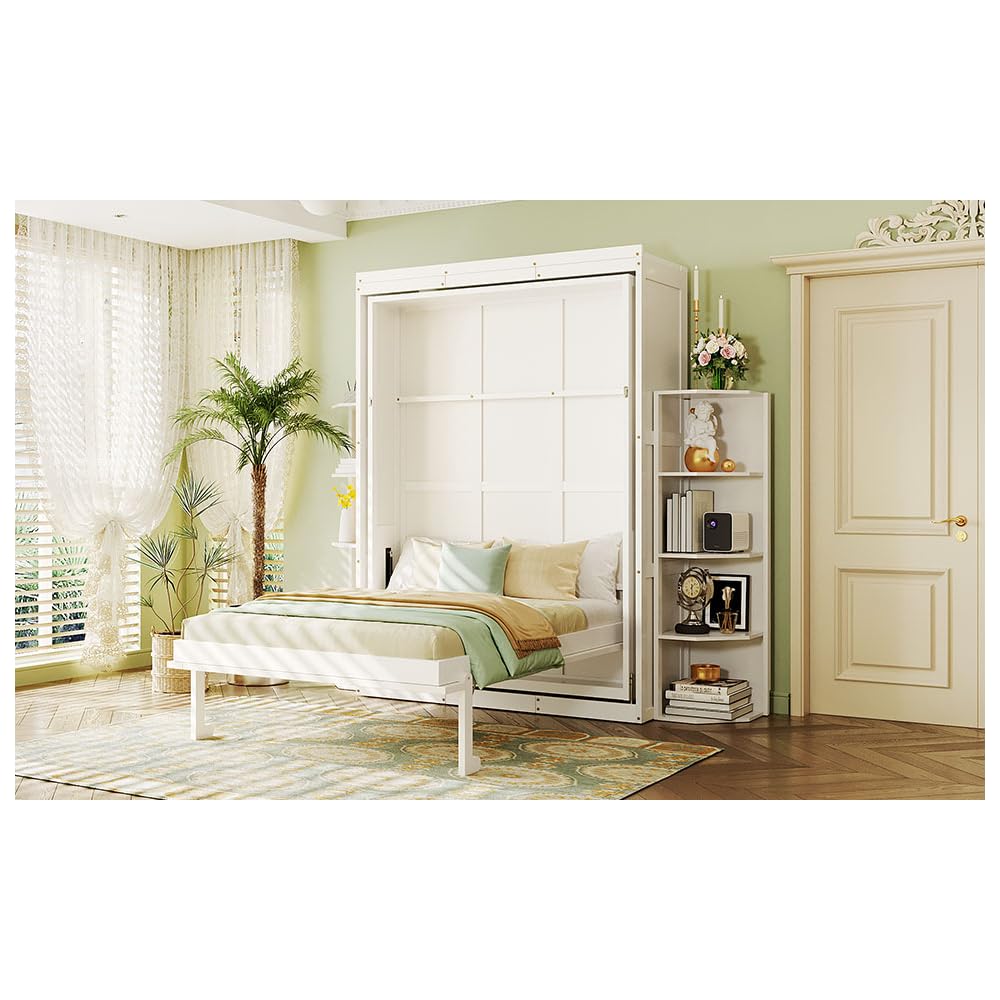 Rotating Queen Murphy Bed with Hidden Wall Cabinet, Dual 3-Tier Side Shelves, Convertible Desk, White