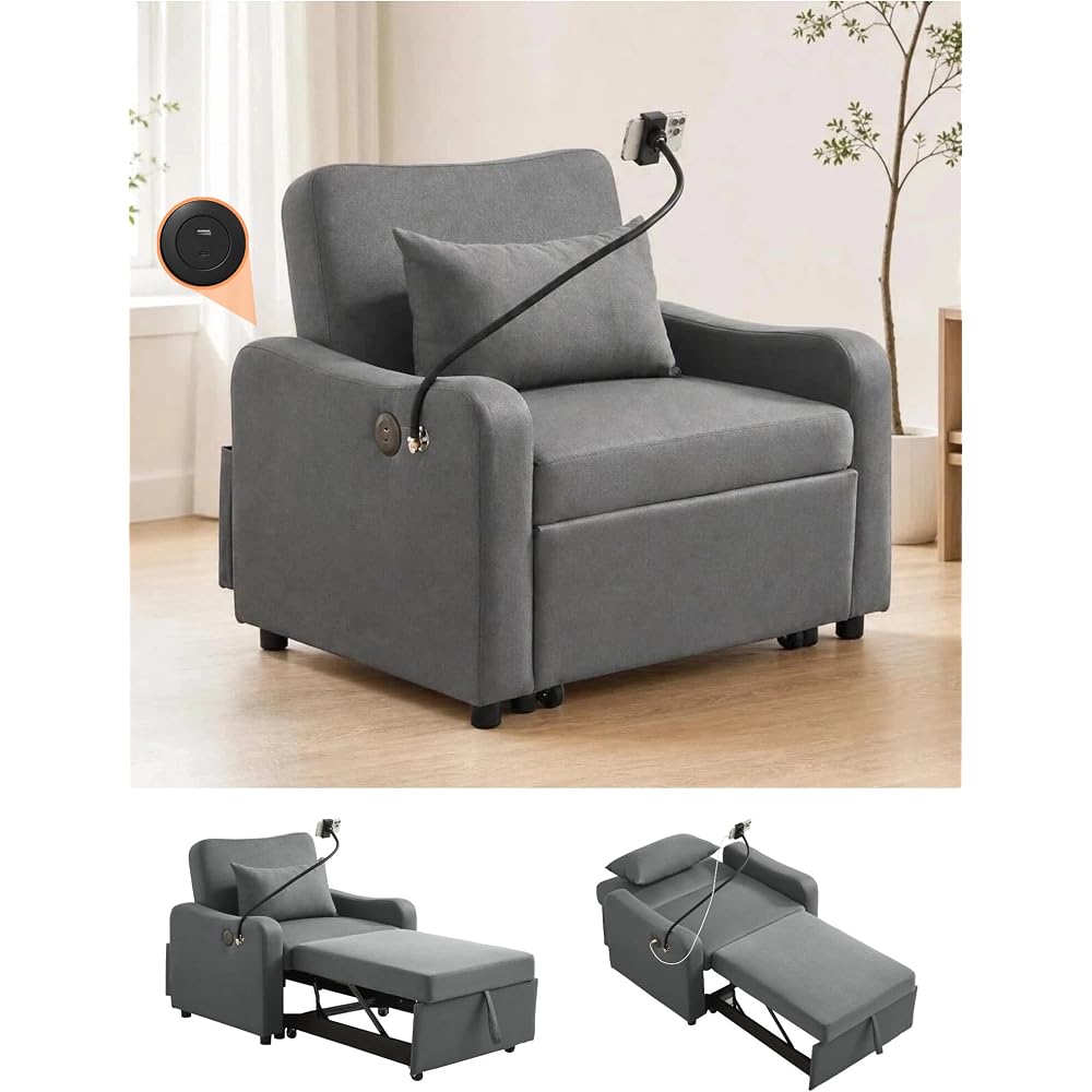 Convertible Sofa Chair Bed, 3-in-1 Pull Out Sleeper Chair, Dark Gray
