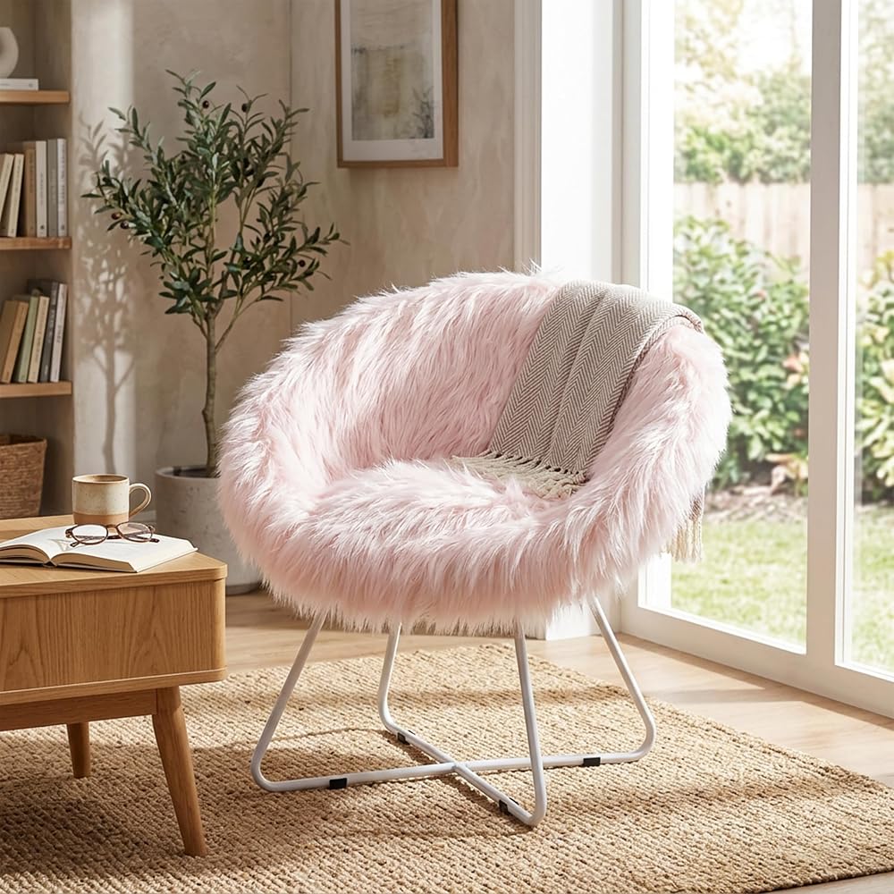 BIRDROCK HOME Faux Fur Saucer Chair - Oversized Comfy Cushion Lounge Chair with Metal Legs - Cozy Fuzzy Seat, Fluffy Round, and Lightweight Moon Chair or for Bedroom, Dorm or Patio (Pink)