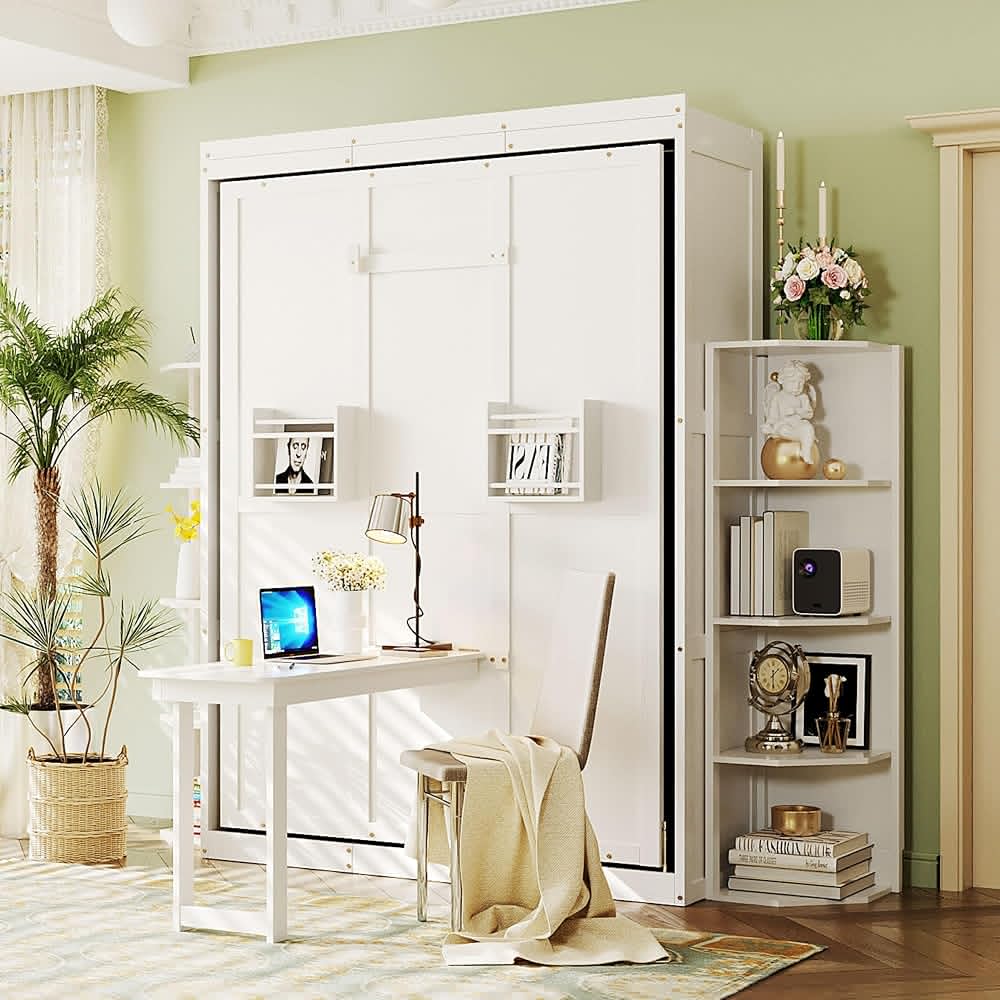 Rotating Queen Murphy Bed with Hidden Wall Cabinet, Dual 3-Tier Side Shelves, Convertible Desk, White