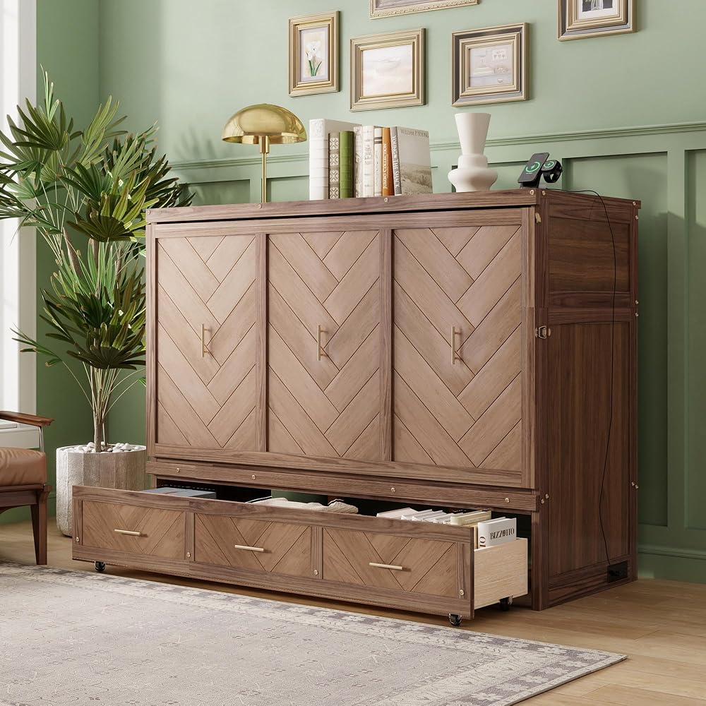 DNYN Queen Size Murphy Bed with Storage Drawer and Built-in Charging Station for Bedroom/Guest Room, Space-Saving Foldable Pine Wood Cabinet Bed with USB Ports, No Box Spring Needed