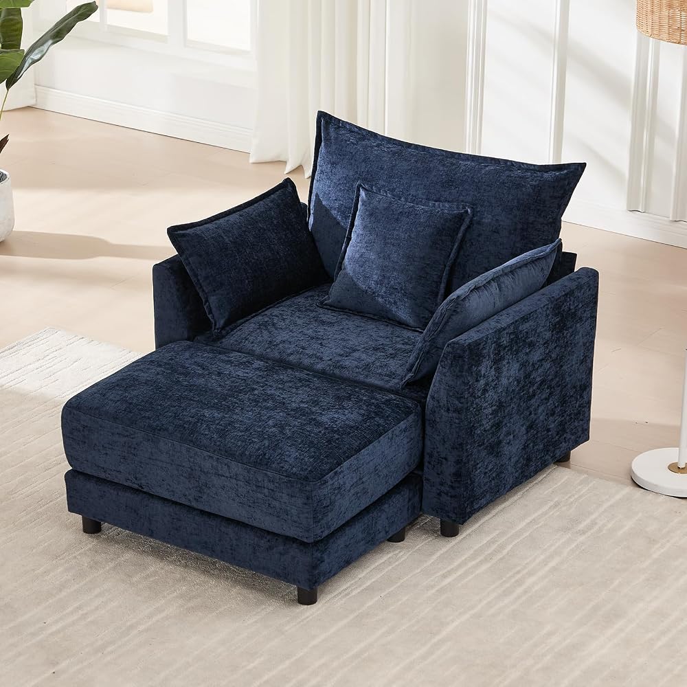 Oversized Chaise Lounge Chair Indoor, Modern Chenille Sleeper Sofa Bed with Pillows, Deep Seat Cloud Couch Reading Chairs, Upholstered Sofas Couches for Living Room, Navy Blue