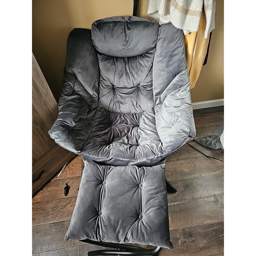 Youtanic Lazy Chair with Folding Ottoman, Accent Chair Velvet Upholstered with Metal Structure and Non-Slip Pads, Sofa Armchair with Footrest and Side Storage Bag for Dorm, Office, Charcoal