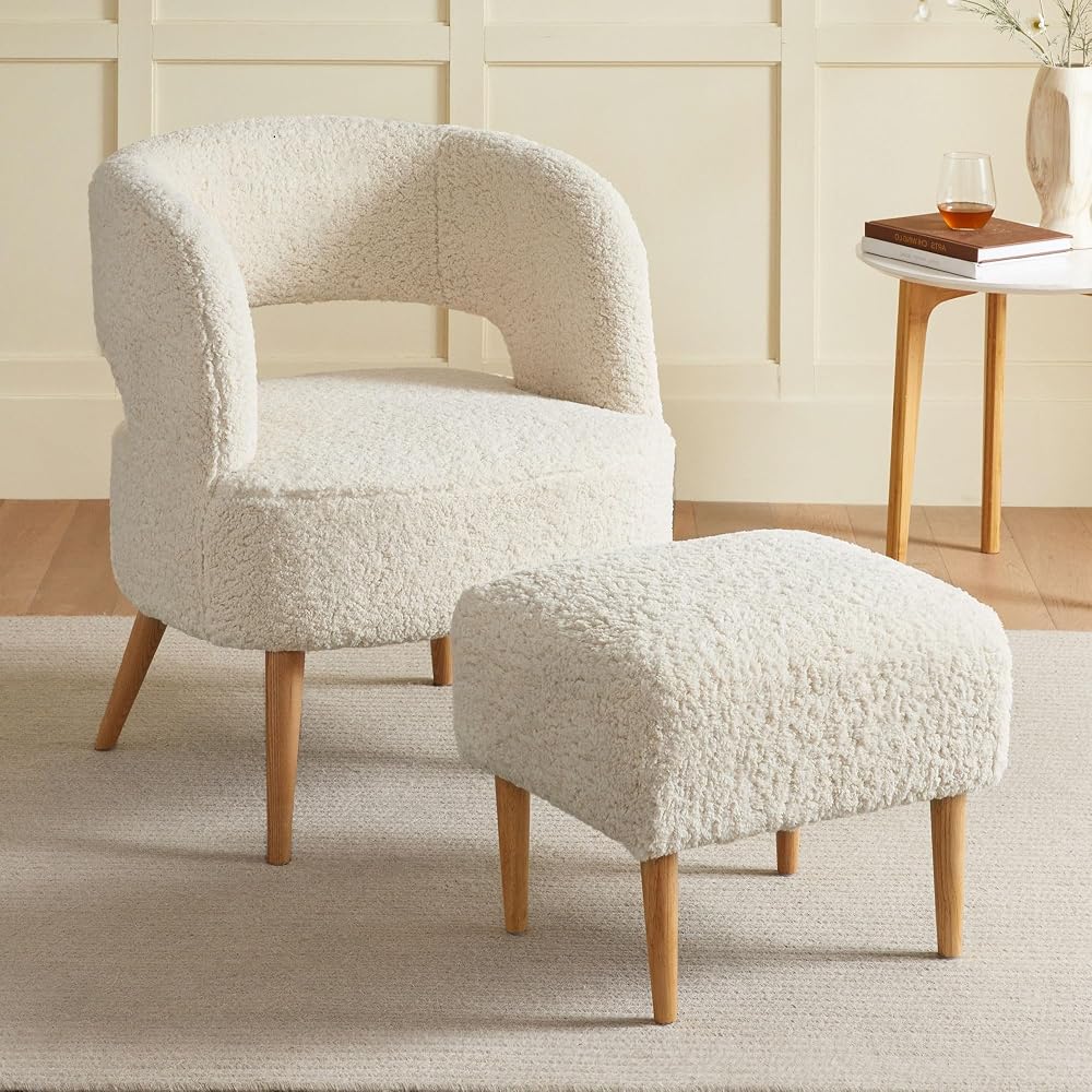 Retraction Built Accent Chair with Ottoman Teddy Fleece Upholstered Armchair Mid-Century Modern Comfortable Chairs and Ottoman Set with Wooden Legs for Living Room, Bedroom(Beige)