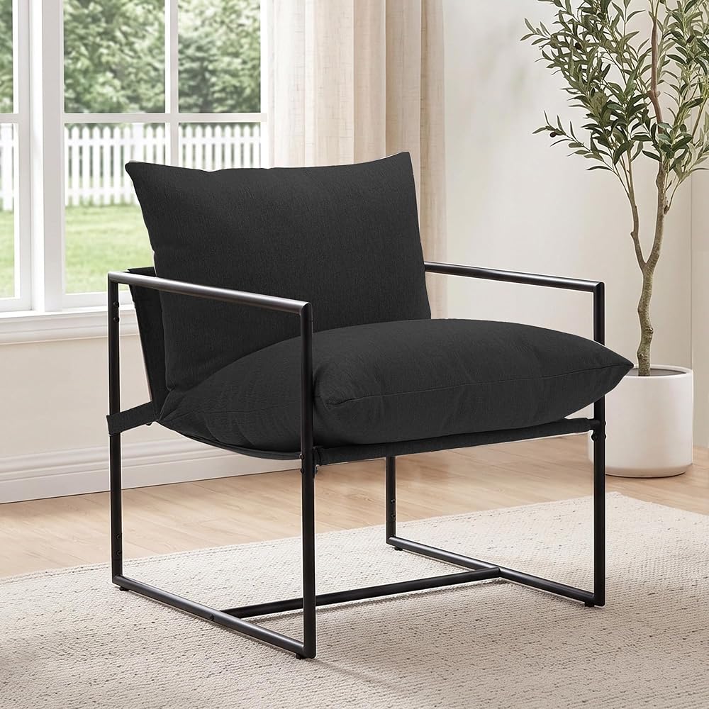 Modern Accent Chair, Upholstered Reading Sling Chair with Metal Frame and Soft Cushion,Stylish Lounge Armchair for Living Room, Bedroom or Office Seating, Black