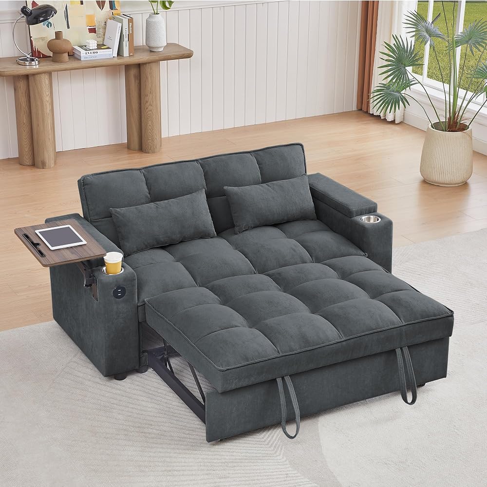 Auvsoce 65'' Convertible Sleeper Sofa Bed with Adjustable Backrest, Chaise Lounge, Side Table & USB/Type-C Ports – Stylish & Functional Addition to Any Living Room (Drak Grey)