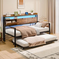 TOLEAD Twin Metal Daybed with Pop Up Trundle, Twin to King Expandable Bed Frame with Storage Headboard & Charging Station, Heavy Duty Day Bed for Bedroom or Guest Room, Rustic Brown