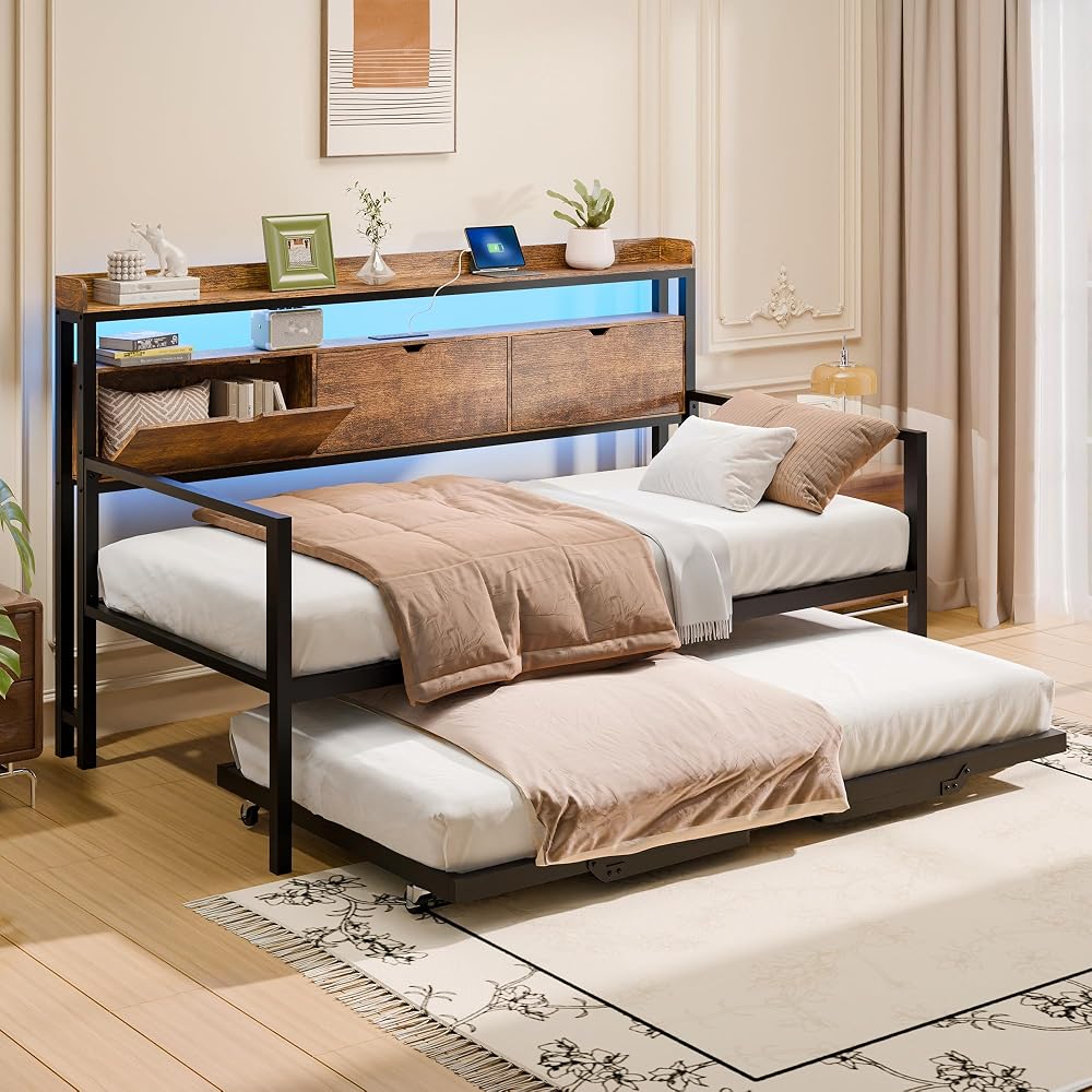 TOLEAD Twin Metal Daybed with Pop Up Trundle, Twin to King Expandable Bed Frame with Storage Headboard & Charging Station, Heavy Duty Day Bed for Bedroom or Guest Room, Rustic Brown