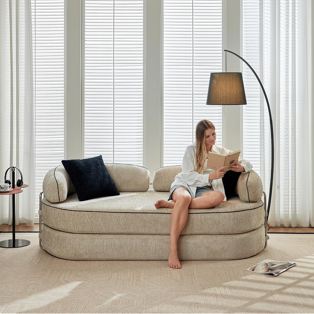 4-in-1 Folding Convertible Sofa Bed, 78 Inch Compression Oversized Corduroy Upholstered Boneless Couch with Fixed-Shape Frame, Loveseat Sleeper with Pull Out Bed, Modular Futon Couch,Beige