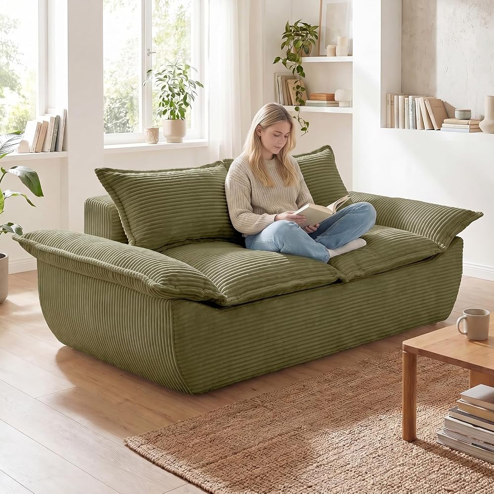 56" Boneless Loveseat, 2-Seater Green Boneless Sofa with Removable Cushions & 2 Pillows, Small Boneless Couch Deep Seat Compress Foam Sofa for Living Room, Apartments, & Office