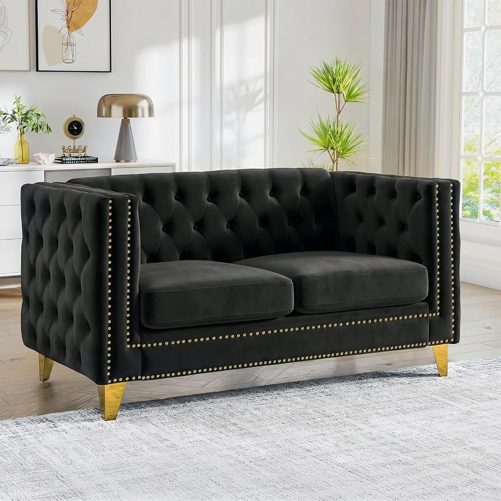 Chesterfield Sofa, Velvet Loveseat Sofa Couch with Buttons Tufted, Mid Century Modern Couch with Nailhead Trim & Square Armrest, Couches for Living Room, Bedroom, Apartment, Office(Black,58''W)