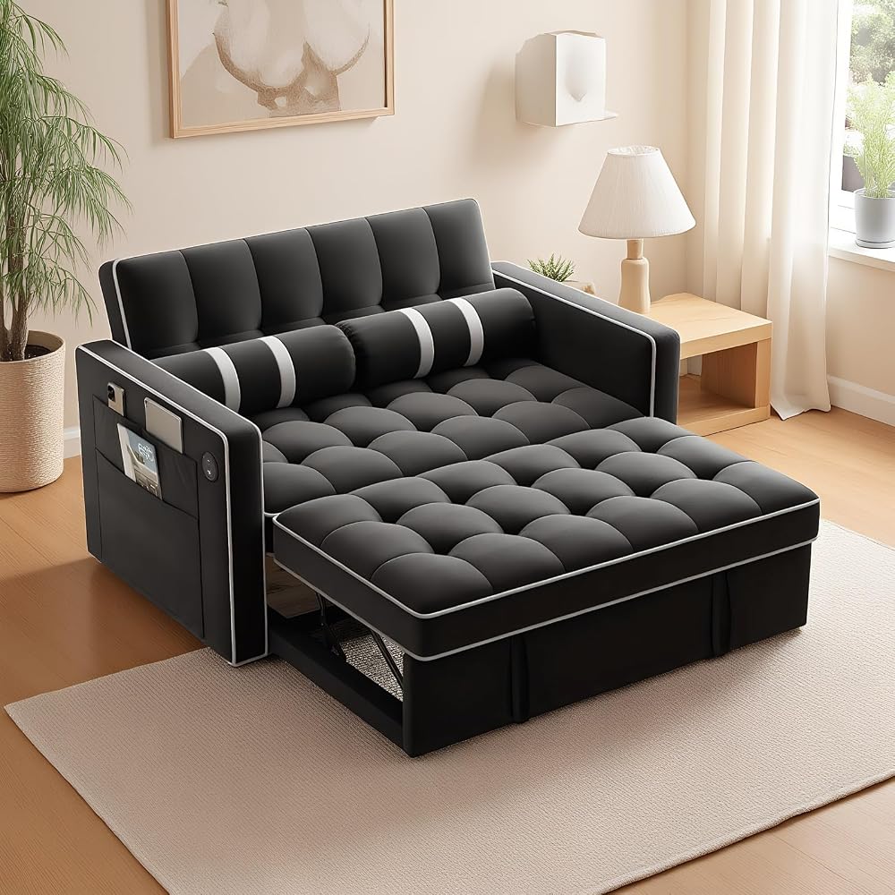 Marsail 3-in-1 Futon Sleeper Sofa Bed, Convertible Pull Out Couch, Black