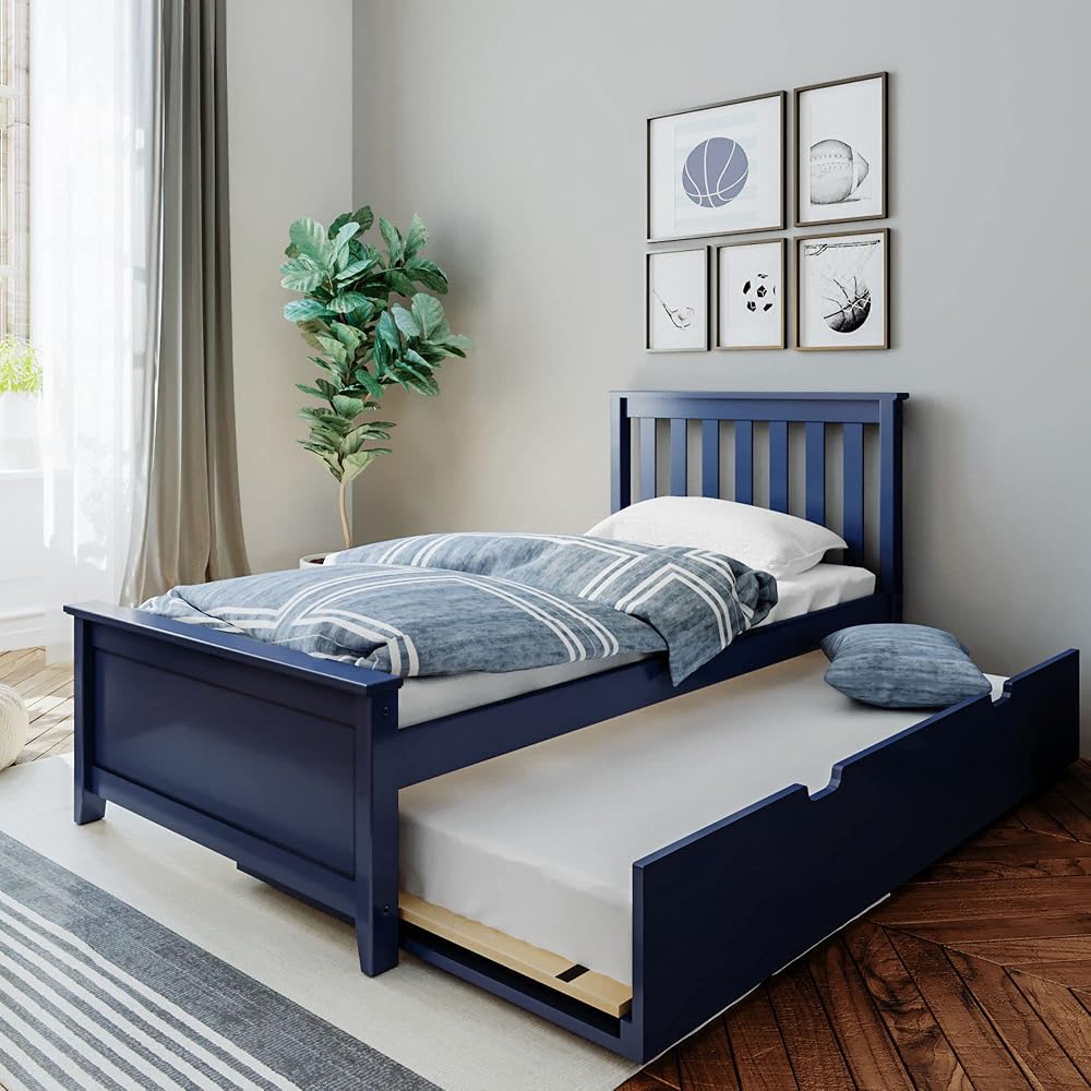 Max & Lily Twin Bed, Wood Bed Frame with Headboard for Kids with Trundle, Slatted, Blue