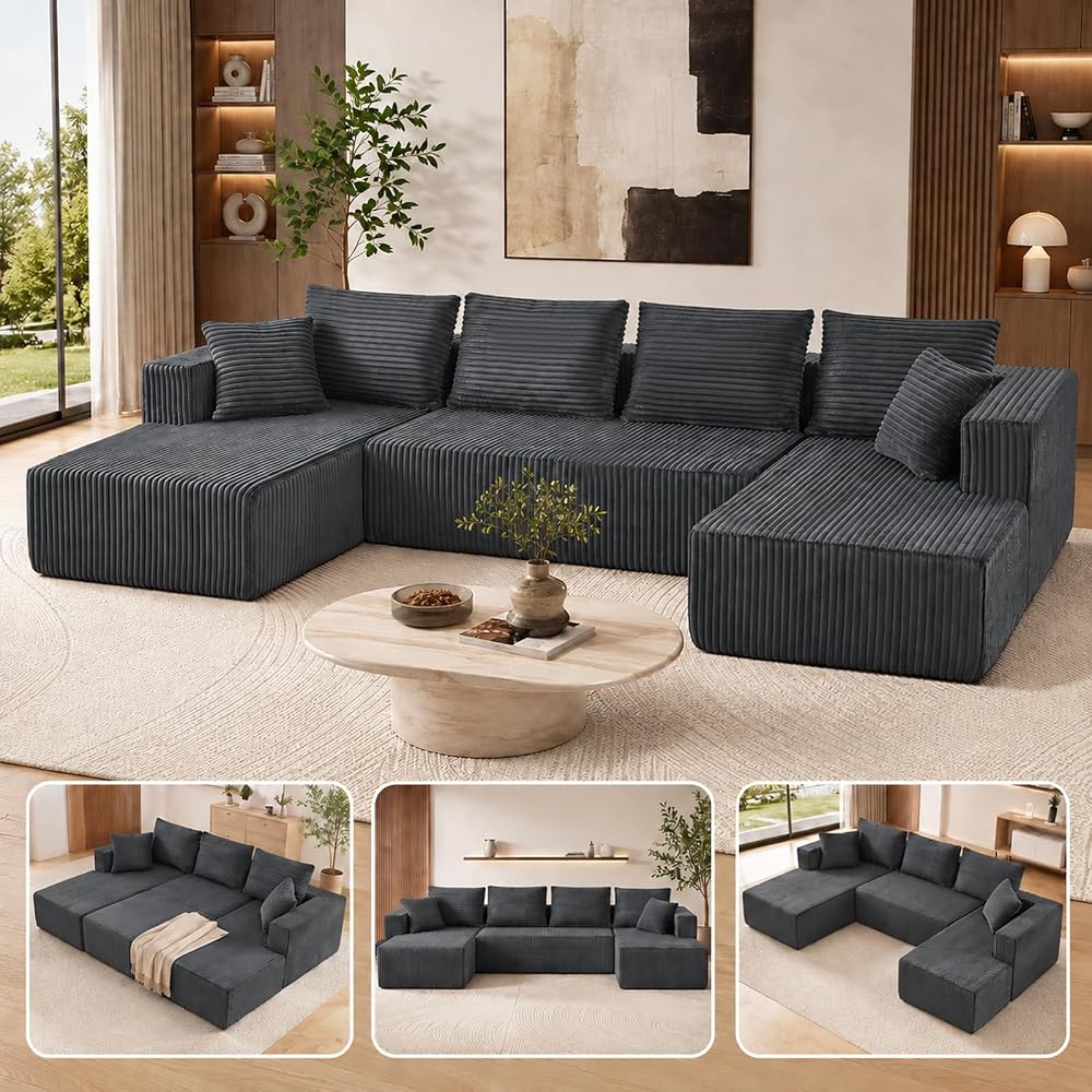 132" Modular Sectional Couch, U Shaped Boneless Corduroy Cloud Sofa