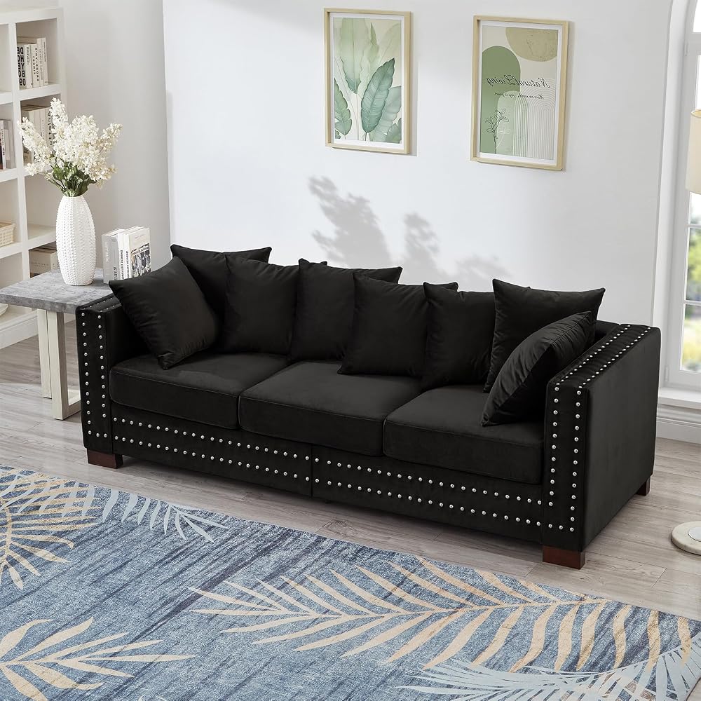 Antetek 3 Seater Couch with Storage, 84.5-inch Chesterfield Mid Century Vintage Velvet Fabric Deep Seat Comfy Sofa Couch with 8 Throw Pillows, Nailhead Trim for Living Room Bedroom Office, Black