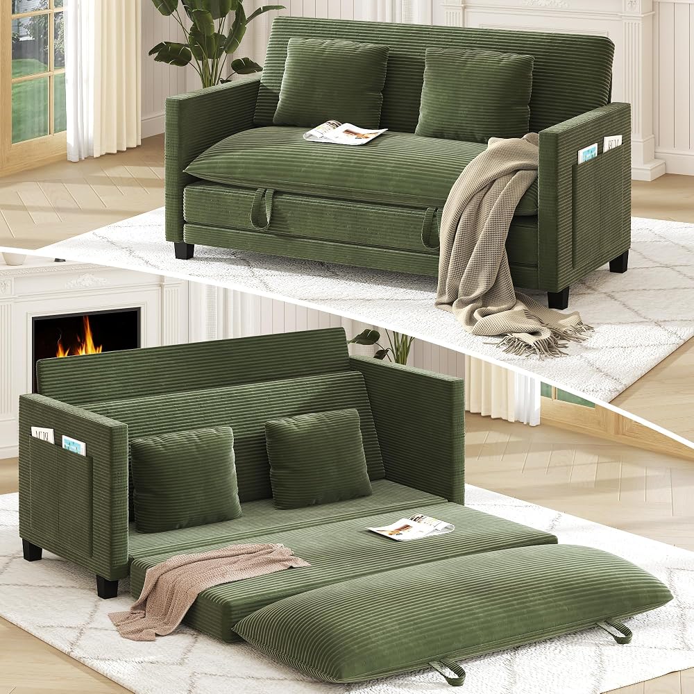 XVD 65 Inch Convertible Loveseat Sleeper Sofa Bed with Storage Pockets & 2 Pillows - 2-in-1 Folding Couch for Small Spaces, Modern Corduroy Loveseat for Apartment, Living Room, Guest Room, Green
