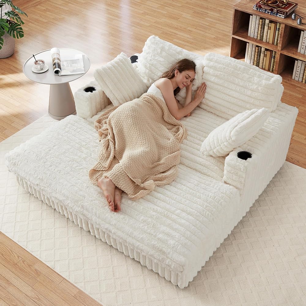 58'' Plush Faux Rabbit Fur Chaise Loveseat with Charging Station & Cup Holder and Pillows, Upholstered Corduroy Chaise Loveseat Sofa Recliner Longue Indoor Couch for Living Room, Bedroom, White