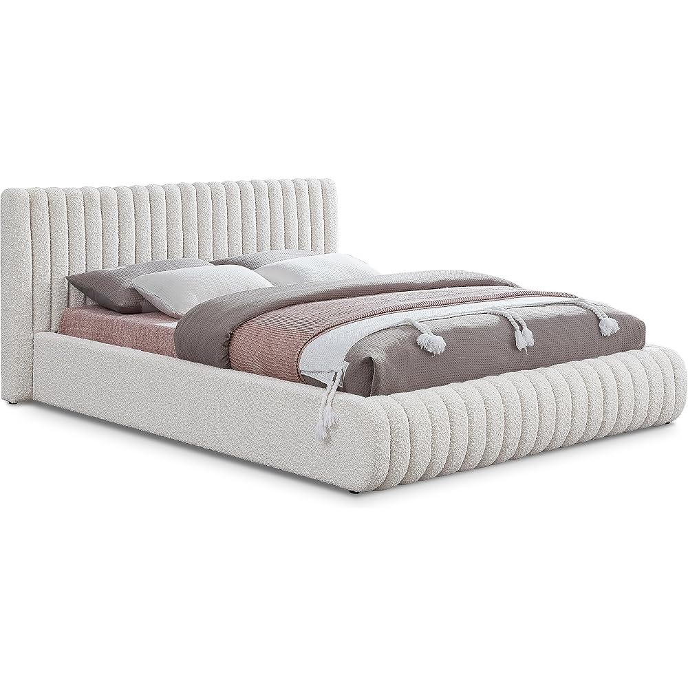 Meridian Furniture NashCream-K Nash Collection Modern | Contemporary Boucle Fabric Upholstered King Bed with Rich Cream Boucle Fabric and Deep Channel Tufting, 89" W x 91" D x 38" H, Cream, King