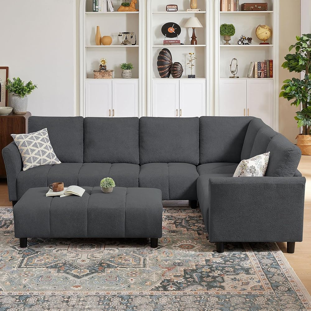 Modular Sectional Sofa, L-Shaped Sectional Couch with Movable Ottoman, Removable Covers, Comfy Sectionals Set for Living Room,Office (Dark Grey, 6-Seats)